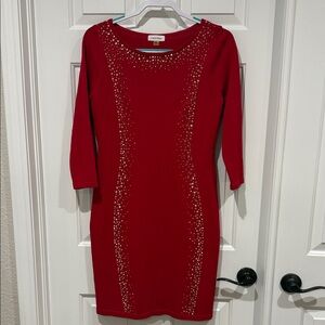 Calvin Klein Red 3/4 Sleeve Knit Dress with Embellishments. Very flattering!
